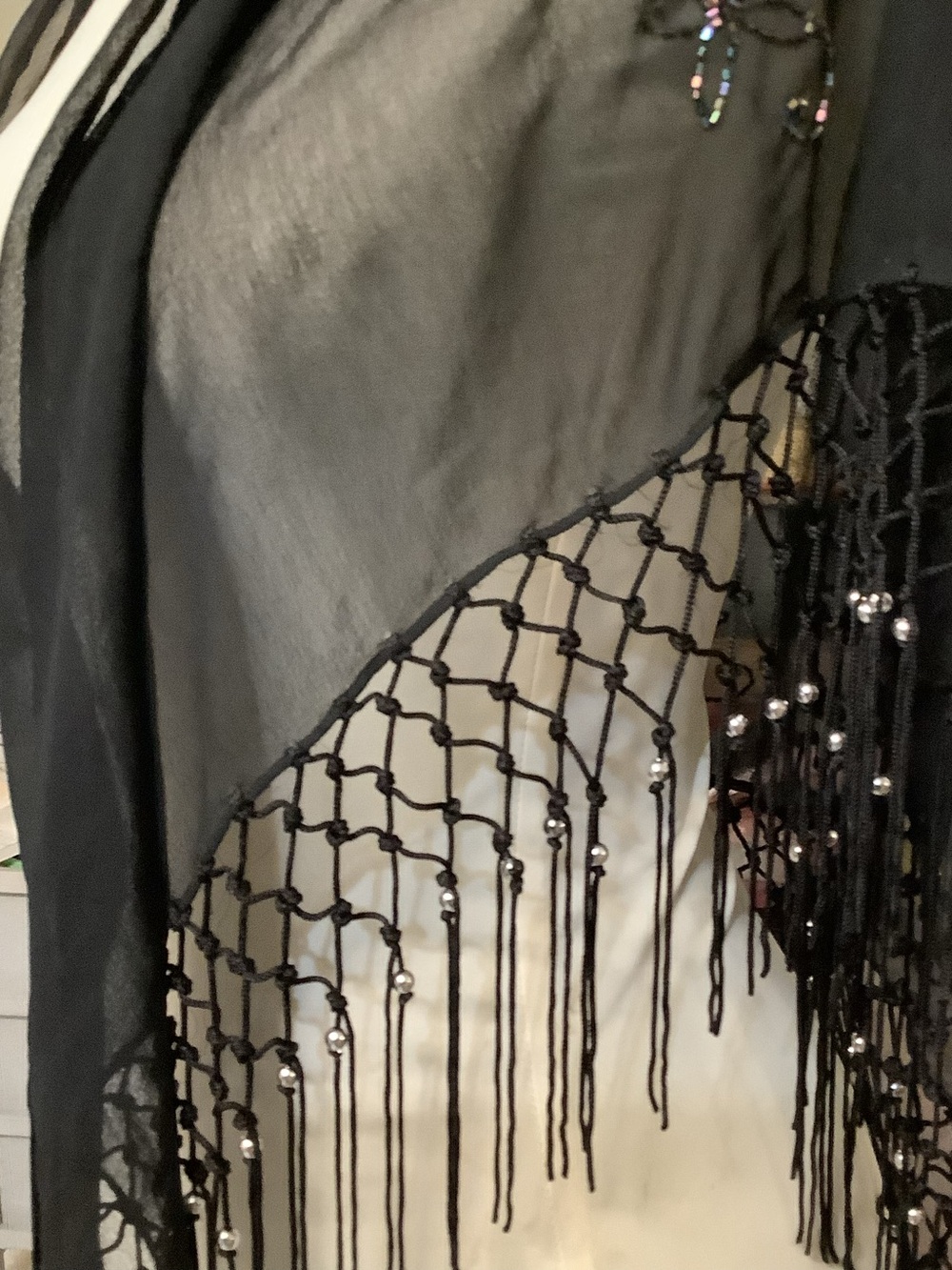 Sheer Knotted Fringe V Shawl~Seed Bead Floral Accents